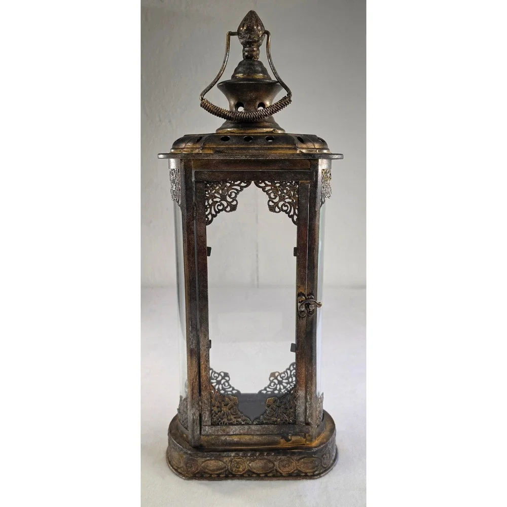 Vintage Ornate Metal Glass Candle Lantern Distressed Bronze Gold Filigree Decor